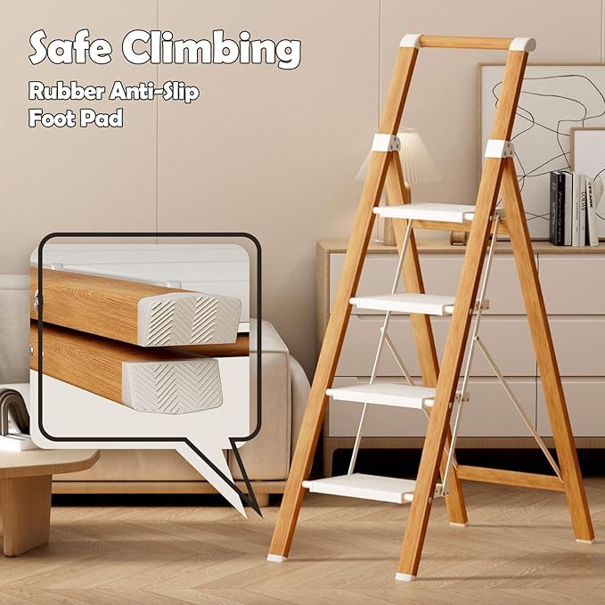 Taranta 4 Step Ladder, Portable Folding Ladder with Wide Pedal, Lightweight Aluminum Step Stool with Convenient Handgrip, 330 lbs Capacity Stepladder for Home, Office - White Woodgrain