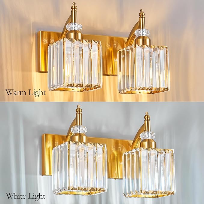 Crystal Vanity Lights Gold 2 Light Bathroom Light Fixtures Over Mirror Modern Vanity Light for Bathroom