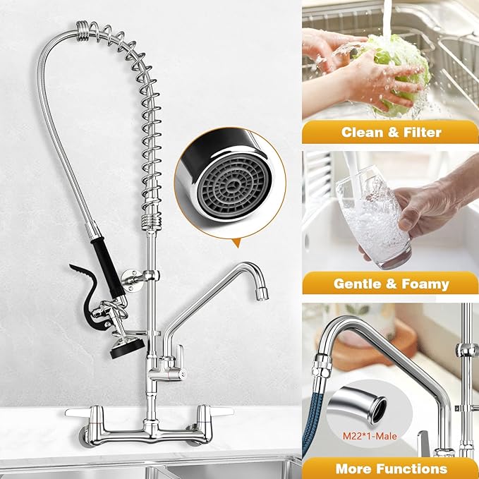 Commercial Sink Faucet With Sprayer For kitchen-Staff: BESTJEEF Commercial Wall Mount Kitchen Sink Faucet With Pre Rinse Sprayer For Kitchen Cook- 36" Height Faucet With 8" Center And 12" Add-On Spout