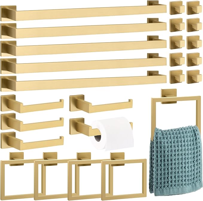 Gisafai 25 Pcs Bathroom Hardware Accessories Set 23.6 Inch Bath Towel Bar Kit Stainless Steel Bathroom Hardware Set Towel Racks Ring Hooks Paper Holder for Wall Mounted (Gold)
