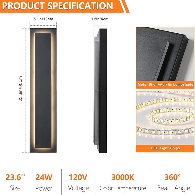 tewei 23.6 Inch Modern Outdoor Wall Sconce, Long Black LED Exterior Lighting Fixtures, Modern Large Outdoor Front Porch Lights Outside Wall Mount Lights for House, Warm White 3000K, 1 Pack