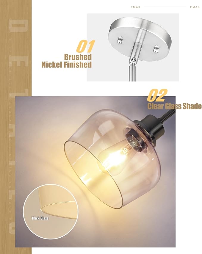 Emak Brushed Nickel Pendant Lights, Modern 8 Inch Clear Glass Pendant Light Fixtures for Kitchen, Bathroom, Bedroom, Dining Room, PL122-BN-CG