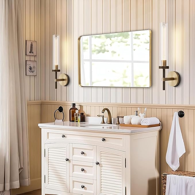 Brass Wall Sconces Set of Two 19.48'' Knurled Texture Indoor Wall Light Fixtures, Bathroom Vanity Light Fixtures with Clear Glass, Modern Wall Lamp for Living Room Hallway (Bulb Included)