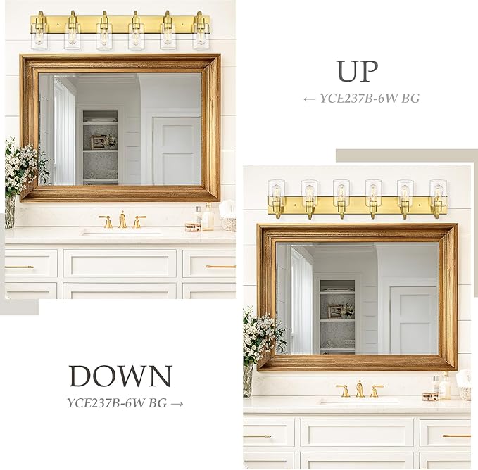 Emliviar Large 6-Light Vanity Lighting for Powder Room, 44.7 Inch Wall Lamp Over Mirror with Clear Glass Shade, Brushed Gold Finish, YCE237B-6W BG