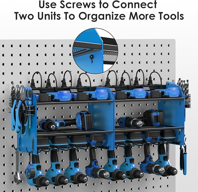 CCCEI Modular Power Tool Organizer Wall Mount with Charging Station. Garage 4 Drill Storage Shelf with Hooks, Screwdriver, Drill Bit Heavy Duty Rack, Tool Battery Holder Built in 8 Outlet Power Strip.