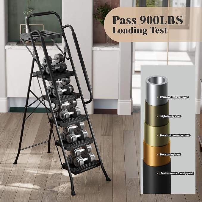 KINGRACK 5 Step Ladder with Tool Platform, 900 lbs Sturdy Step Stool with Handrail, Folding Steel Ladder with Wide Pedal, Safety Ladder for Adults Home Outdoor Painting Garage Office