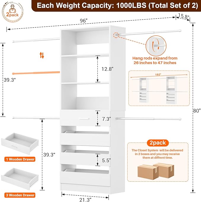 Aheaplus Closet System Set of 2, 4-9Ft Wood Closet Organizer with Drawers & Shelves, Closet Organizer System with 8 Hanging Rods, Walk-in Closets Organizer Wardrobe Closet Rack, White1