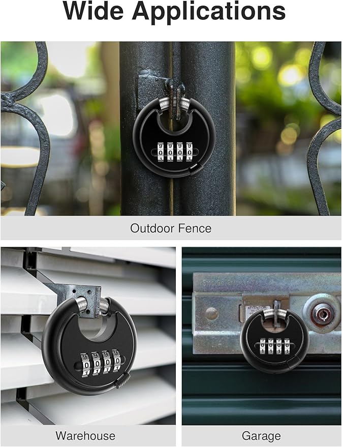 Puroma Combination Lock, 4 Digit Disc Padlock with Hardened Steel Shackle, Keyless Heavy Duty Combo Lock for Outdoor Sheds Fence, Gate Hasps, Storage Unit, School Gym Locker (1 Pack, ‎Black)