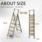 GameGem Step Ladder 6 Step Folding, Aluminum Ladders for High Ceilings, Tall Closet, Cabinet, 6 ft Lightweight Step Ladder with Anti-Slip Foot for Home Use, 330Lbs Load, Champange Gold