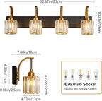 4-Light Crystal Vanity Light, Modern Black Gold Bathroom Wall Sconce with K9 Crystal Shades, 32.67" Long Over Mirror Lighting for Vanity, Makeup, Hallway, Elegant & Easy Install
