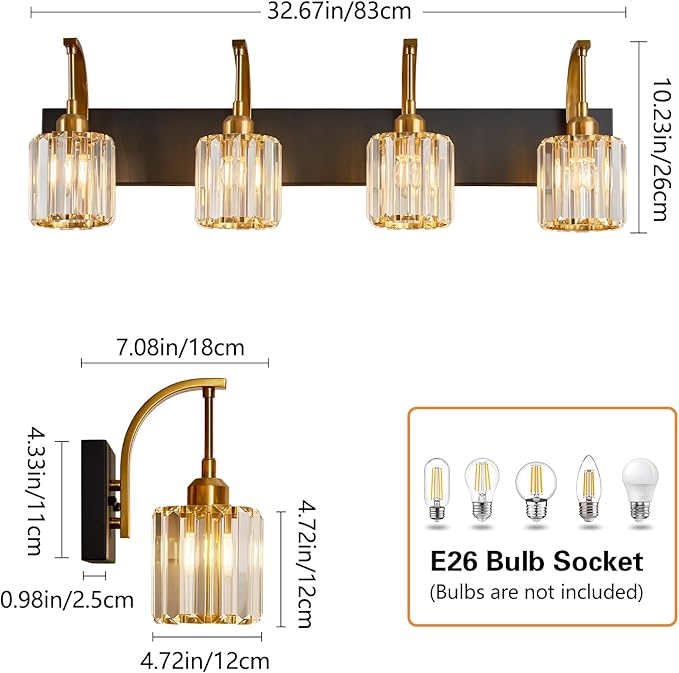 4-Light Crystal Vanity Light, Modern Black Gold Bathroom Wall Sconce with K9 Crystal Shades, 32.67" Long Over Mirror Lighting for Vanity, Makeup, Hallway, Elegant & Easy Install