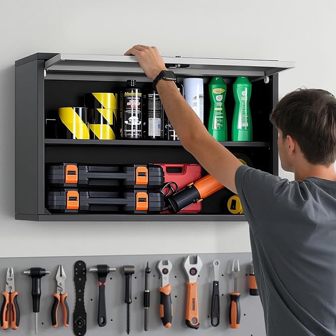 VEVOR Metal Wall Cabinet, 27.56W x 12.01D x 19.69H Inch, Floating Garage Tool Cabinet with Up-Flip Door and Shelf, 240 lbs Load Capacity, Fit for Garage, Basement, Kitchen, Warehouse Assembly Required