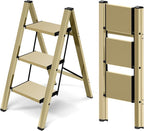 3 Step Ladder,Aluminum Folding Step Stool for Adults,Step Ladder with Wide Anti-Slip Pedal,330 lbs Capacity for Home,Office,Kitchen,Library(Gold)
