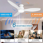 48" Ceiling Fan with Light amd Remote, White Flush Mount Ceiling Fan with 3 Blades,3 Color Light, 6 Speed, Queit DC Motor, for Bedroom/Outdoor/Patios, White