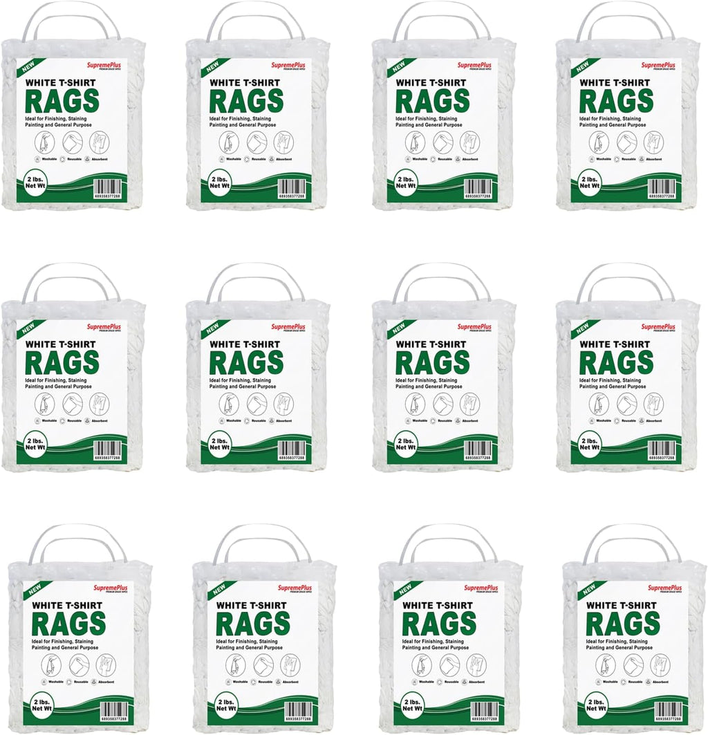 Premium White T-Shirt Cleaning Rags (2 lbs. Bag - Pack of 12) – White Cotton Rags for Cleaning, Staining, Painting, Oil, Grease & Dust Removal – Shop Rags Bulk for Multipurpose use
