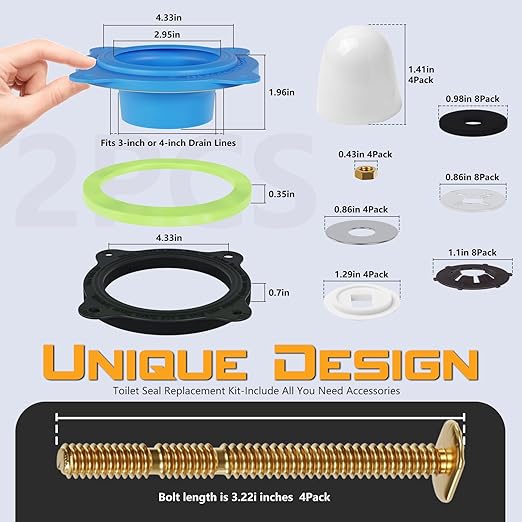 Toilet Flange Repair Kit, Universal Toilet Seal Parts for Wax Seal, Rubber Gasket Ring, Wax-Free Toilet Bowl Replacement kit Include Premium Nuts, Washers, 3.26Inch Bolts, Bolt Caps(2-Pack)