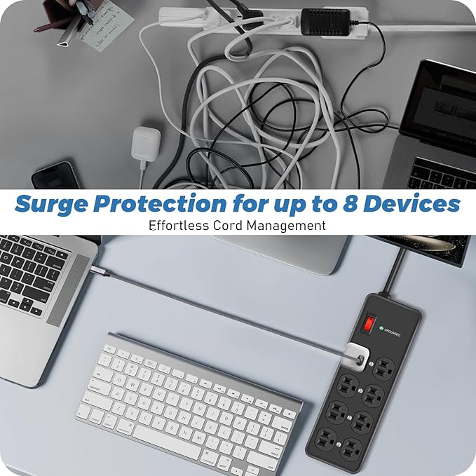 HEZI 8 Outlet Heavy Duty Power Strip, 15Amp Metal Mountable Surge Protector (2700J), Industrial Wall Mount Power Strip for Home, Office, Garage & Workshop, 10FT 14AWG Extension Cord