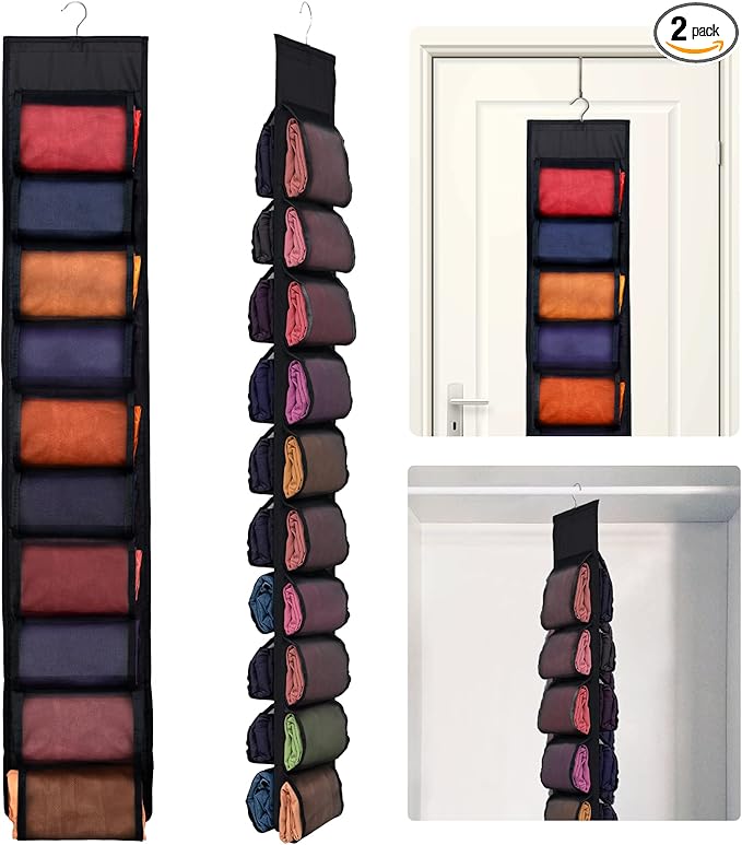 2 Pack Legging Storage Organizer, Hanging Closet Organizer System, Black Clothes Closets Holder with 20 Roll Independent Compartments for Yoga T-Shirts Bras Socks Pants Tank Top Towel