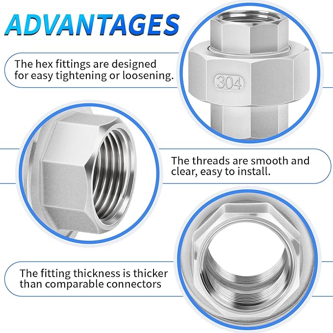 ChillWaves 304 Stainless Steel Cast Pipe Fitting, Union，1" NPT Female，Thread Adapter(2-PACK)