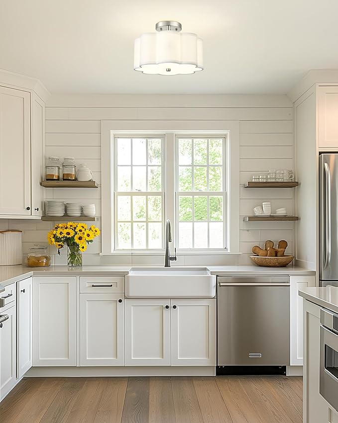 Semi Flush Mount Ceiling Lights, 3-Light 13" Ceiling Light Fixtures with Fabric Shade in Flower Shape, Brushed Nickel Drum Lighting for Nursery Hallway Bedroom Kitchen, AD-22007-3SF-SN