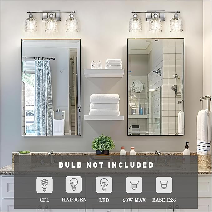 zeyu 20.8'' Modern Bathroom Vanity Lamp, 3-Light Wall Mirror Light for Bathroom, Brushed Nickel Finish with Clear Hammered Glass, ZJF63B-3W BN