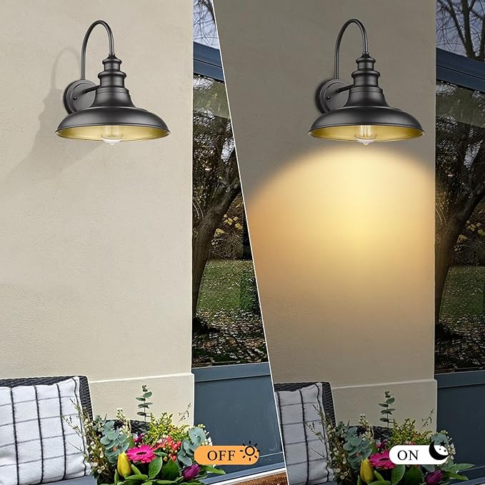 Outdoor Barn Light Fixture Farmhouse Wall Mount Light Gooseneck Wall Sconce Exterior Wall Lighting Fixture Industrial Black Finish Lantern for Porch with Gold Interior, 4Pack, RZ004-4PACK BK
