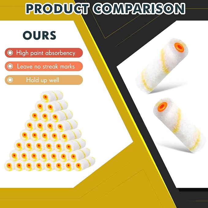 Leumoi 100 Pcs Paint Roller Covers 1/2 x 4 Inch Microfiber Paint Roller Covers Paint Brush Cover Small Roller Nap Mini House Painting Supplies for Painting Wall DIY Household Tool (Yellow White)