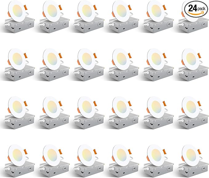 Amico 24 Pack 3 Inch 5CCT Ultra-Thin LED Recessed Ceiling Light with Junction Box, 2700K/3000K/3500K/4000K/5000K Selectable, 7W Eqv 60W, Dimmable Canless Wafer Light, 500LM High Brightness, ETL&FCC