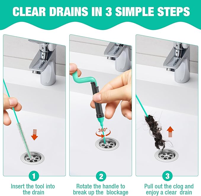 55inch Steel Core Drain Clog Remover Tool With Rotating Handle, Slim Snake Drain Hair Removal Tool For Narrow Pipes, Sinks, Showers, Toilets, Clears Hair, Blockages With Sink Drain Cleaner (5pcs)