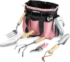 WORKPRO 8-Piece Pink Garden Tool Set, Stainless Steel Gardening Tools with Wood Handle, Including Garden Tote, Gloves, Trowel, Hand Weeder, Cultivator and More, Gardening Gifts For Women - Pink Ribbon