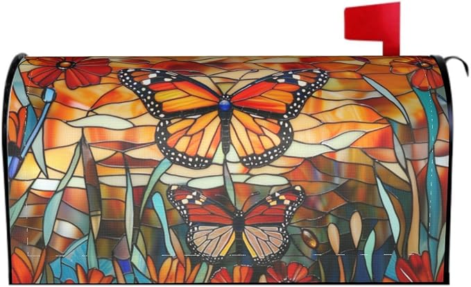 Giwawa Stained Glass Monarch Butterfly Magnetic for Fall Mailbox Cover Large Autumn Mail Box Covers Oversized 25.5 x 21 Thanksgiving Decorations Outdoor Welcome Mailbox Wrap