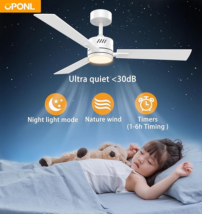 42" White Ceiling Fan with Light, Remote Control, Downrod Mount, Noiseless, Reversible, 6CCT, Dimmable, 6 Speeds, Timeable, Ceiling Fan with Remote Control for Bedroom, indoor/outdoor
