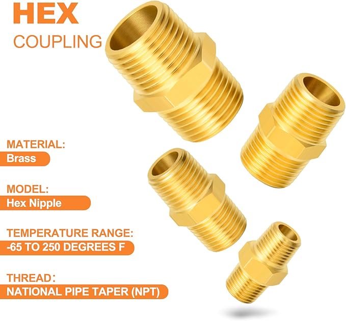 GASHER 8PCS Brass Pipe Fitting Hex Nipple Kit 1/8 inch 1/4 inch 3/8 inch 1/2 inch