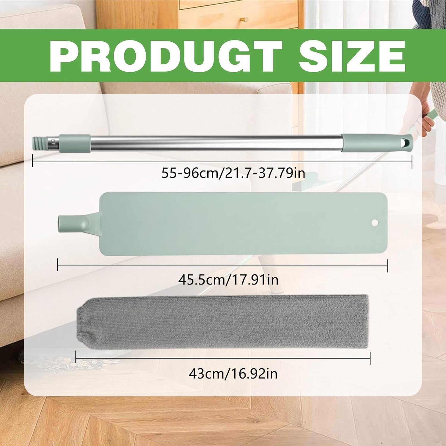 Retractable Gap Dust Cleaning Tool with 2 Microfiber Dusting Cloths,Flat Duster with Extension Pole,Extendable Microfiber Duster with Bendable & Removable Head,Reusable Washable Dusting Wand