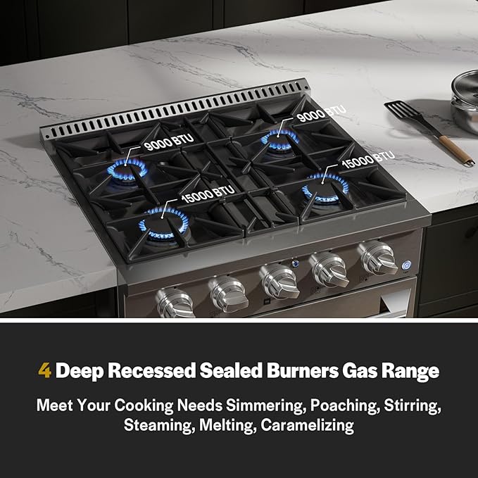 Empava Gas Range,Convection Oven 4.2 Cu. Ft with 4 Deep Recessed Burners Cooktop, Heavy Duty Continuous Grates in Stainless Steel for Kitchen, Restaurant.Freestanding & Slide-In,30 Inch