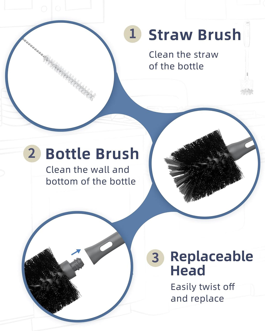 2 in 1 Long Handle Bottle Brush with Straw Brush for Cleaning Glass, Sports Bottle, Coffee Mug, Gray, 1 Pack