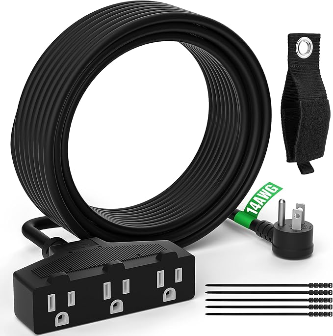 Outdoor Extension Cord 1 Ft with 3 Outlets, 14/3 SJTW 3 Prong Grounded Power Cord, 14 Gauge 14AWG Heavy Duty Power Cable, ETL Listed, 15 Amp 125 V 1875 W-Multiple Outlets for Indoor/Outdoor-Black