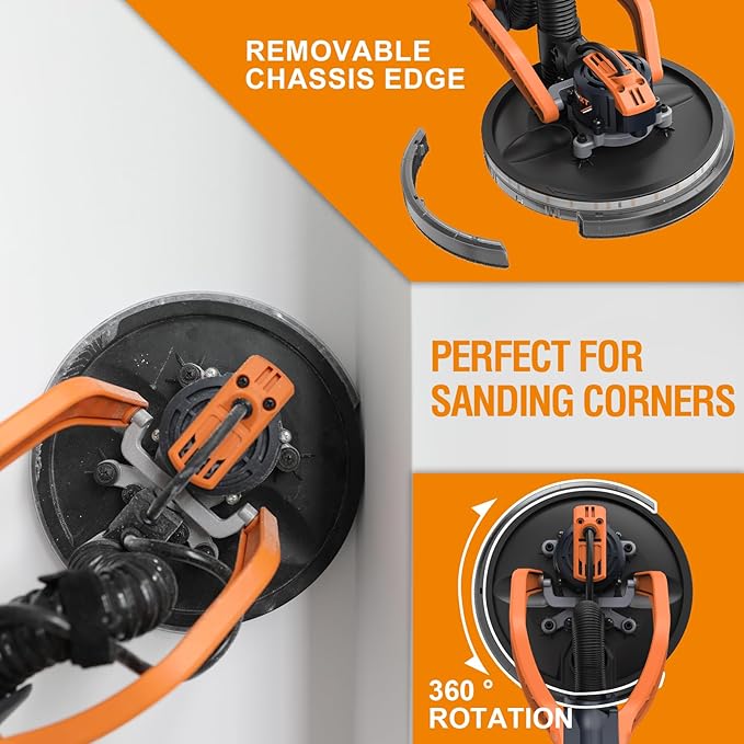 MAXXT Brushless Random Orbital Drywall Sander, 550W Powerful Constant Speed Electric Drywall Sander, 6 Variable Speed 600-1200RPM Foldable Sander Tool, With Memory Variable Speed, 360° Led Light