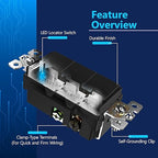 LIDER Minimalist Design Matte Finish Lighted Triple Switch with Screwless Wall Plate, Combination Frameless Decorator Switch with Locator Light, Ground Terminal Single Pole, 15A 120V, UL Listed, Black