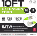 Iron Forge Cable Weatherproof 10 Ft Outdoor Extension Cord - 12/3 SJTW 15 Amp Heavy Duty Light Green High Visibility Cable with 3 Prong - Lighted End
