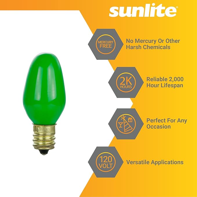 Sunlite 01056 7C7 Incandescent Bulb, 7 Watt, Candelabra E12 Base, C7 Small Night Light, Colored Bulb, Green, 12 Count