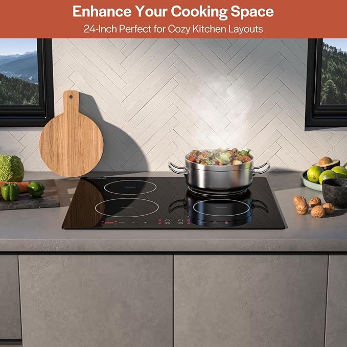 Empava 24” Electric Stove Induction Cooktop with 4 Power Boost Burners Smooth Surface Vitro Ceramic Glass in Black, 24 Inch
