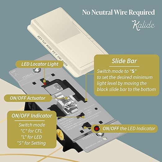 TOPGREENER Kalide Dimmer Light Switch, LED Dimmer Switch, Full Range Dimming, Single Pole/3-Way, 120VAC, 60Hz, 300W LED/CFL, Neutral Wire Not Required, Wall Plate Included, Light Almond, 2 Pack