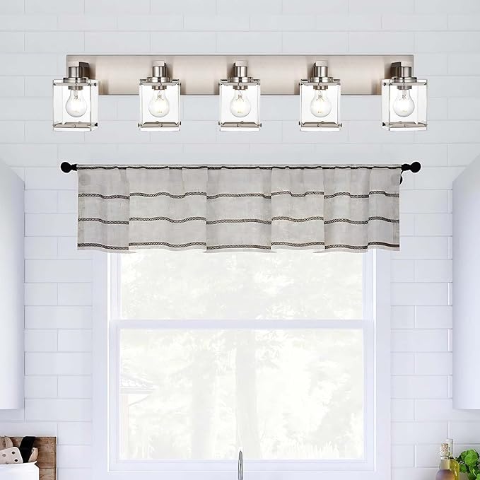 5-Lights Brushed Nickel Bathroom Wall Light with Clear Glass Shade, E26 Bulb Base Vanity Lighting Fixtures Over Mirror for Kitchen Cabinet Bedroom