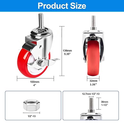 Stainless Steel Caster Wheels 4 inch, 1/2"-13x1-1/2 Threaded Stem Casters with Side Brake Set of 4, Non-Marking Slient Polyurethane PU Wheels for Furnitures,Restaurants,Labs,Hospitals