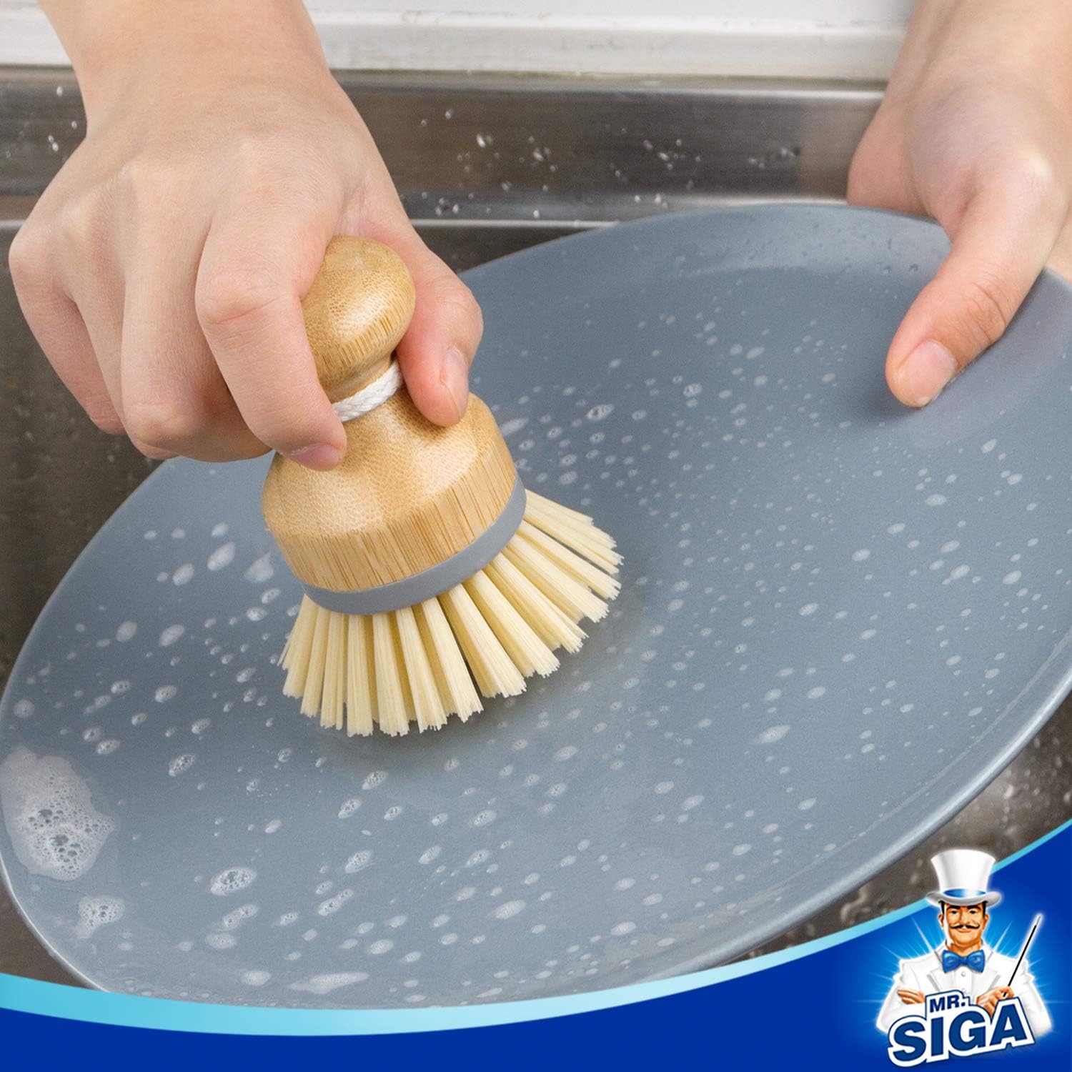 MR.SIGA Bamboo Palm Brush, Scrub Brush for Dishes Pots Pans Kitchen Sink Cleaning, Pack of 2