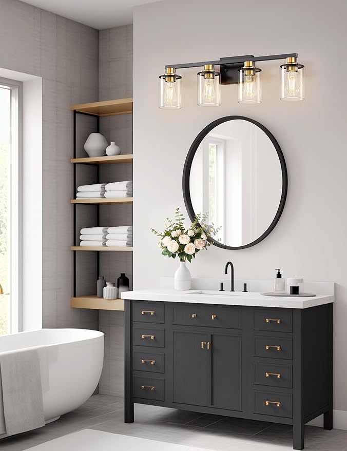 DORESshop 4-Light Black and Gold Vanity Lights with Clear Glass Shade, Over Mirror for Bathroom, Hallway, Bedroom, Living Room, ETL Listed