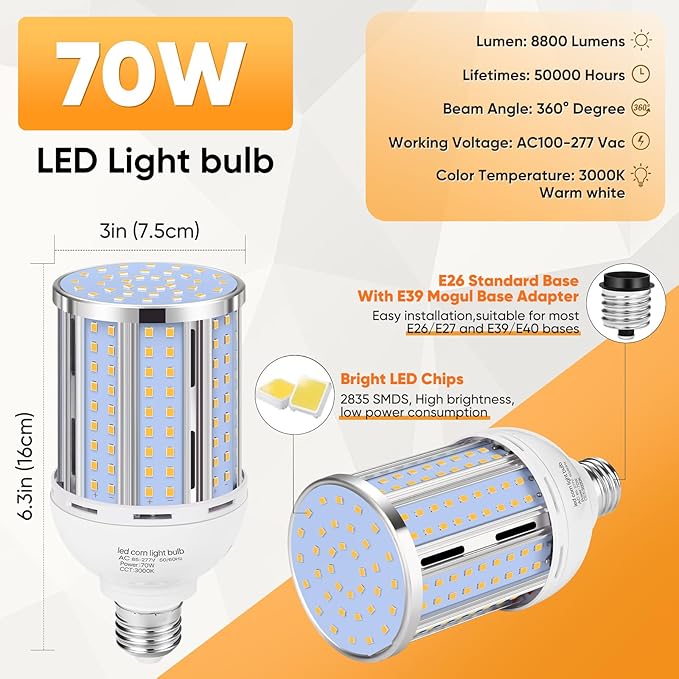 70W LED Corn Light Bulb(6 Pack),(700 Watt Equivalent) 3000K E26/E39 Medium/Large Mogul Base LED Cob Lamp Warm White 8,800LM for Outdoor Indoor Garage Warehouse Factory Workshop Street Backyard