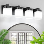 4-Light Black Bathroom Light Fixtures, Vanity Lights for Bathroom Mirror Lamp with Milky White Square Glass Shade, E26 Base Modern Wall Sconce Light Kitchen Light Fixtures Led Vanity