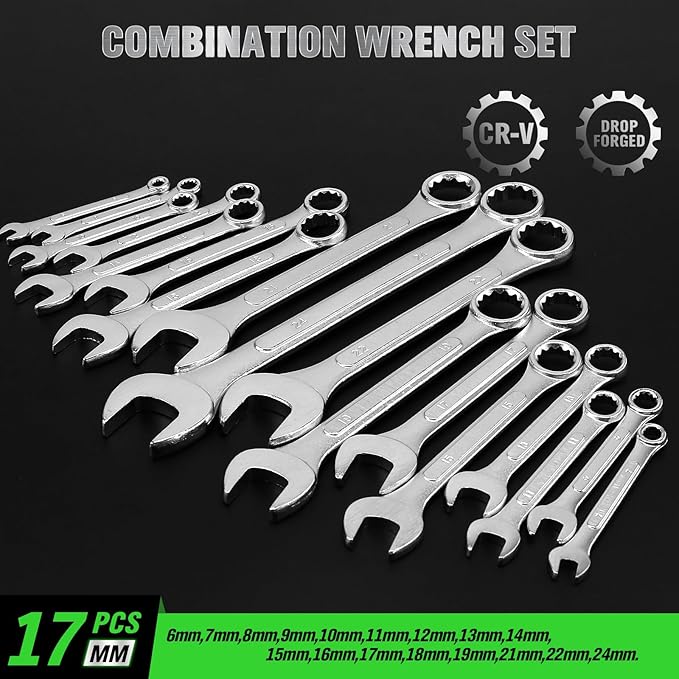 30-Piece Combination Wrench Set, Metric (6mm-24mm) & SAE (1''-1/4"), Standard Spanner Wrench Set, Mechanic Tool Sets with Rolling Pouch, Open End Wrenches for Household, Garage, Workshop, Auto Repairs